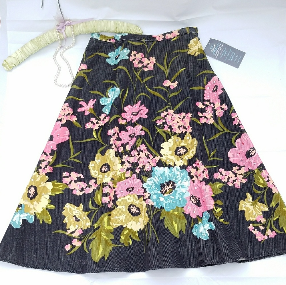 AK Corduroy Floral Skirt Anne Klein Petites